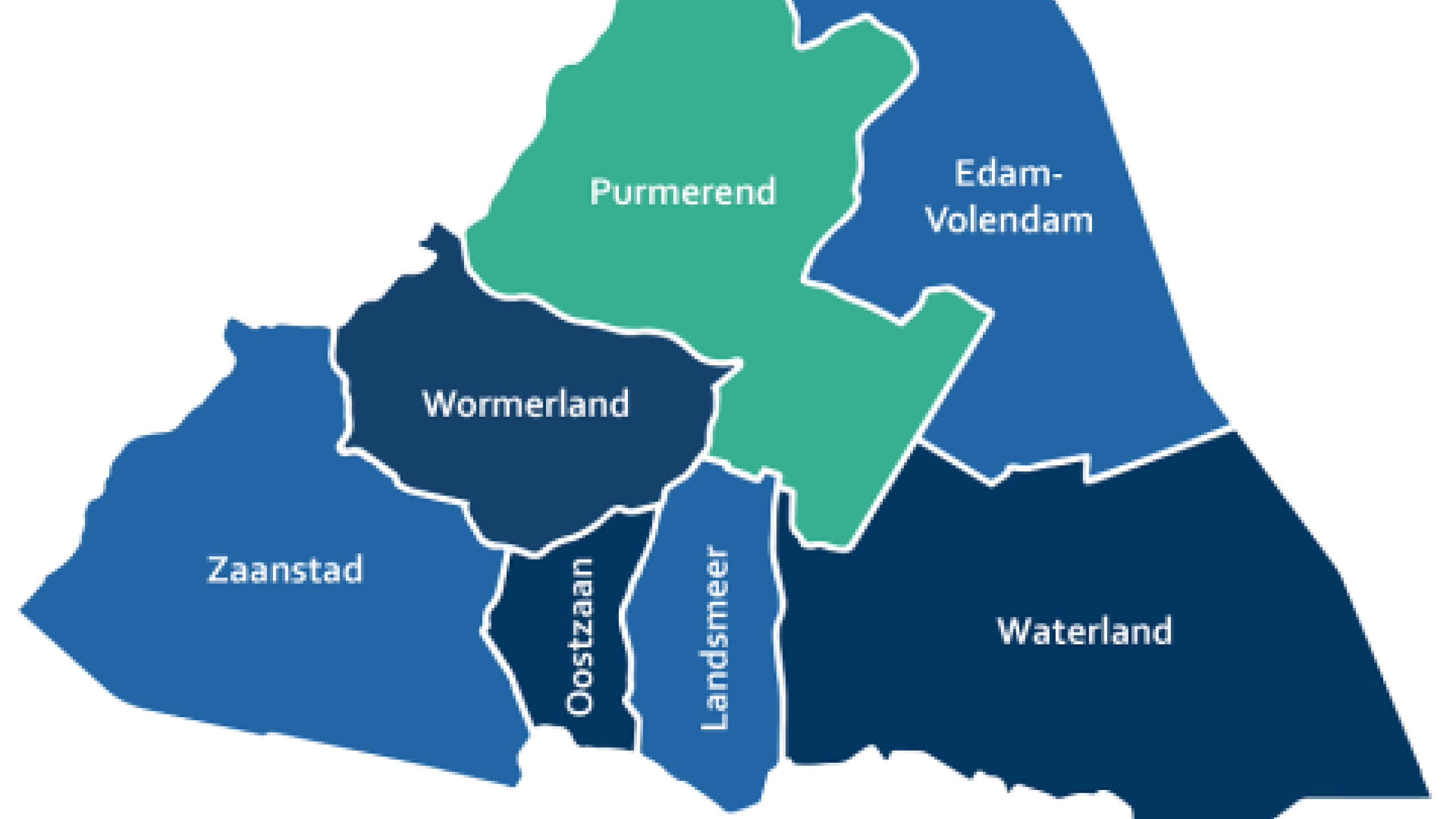 Kaart Regio-Zaanstreek-Waterland met de volgende 7 gemeenten: Edam-Volendam, Landsmeer, Oostzaan, Purmerend, Waterland, Wormerland en Zaanstad.